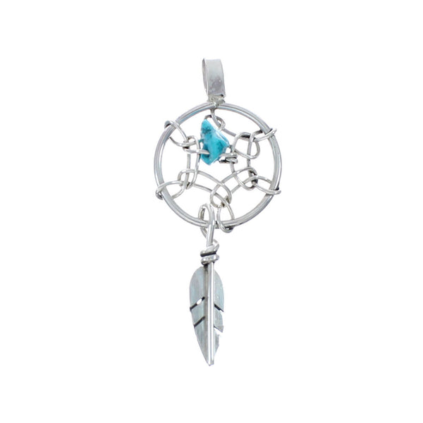 Native American Sterling Silver Turquoise Dream Catcher Feather Pendant JX131195